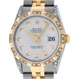 Rolex Mens 2 Tone 14K Lugs Silver Diamond Pyramid Diamond 36MM Datejust