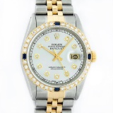 Rolex Mens 2 Tone 14K Silver & Sapphire Diamond 36MM Datejust Wriswatch