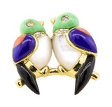 0.12 ctw Diamond and Multi-Colored Gemstone Lovebird Pin - 14KT Yellow Gold