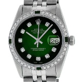 Rolex Mens Stainless Steel 36mm Green Vignette Diamond Datejust Wristwatch