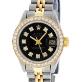 Rolex Ladies 2 Tone 14K Black Diamond Bezel & 1 ctw Bezel Datejust