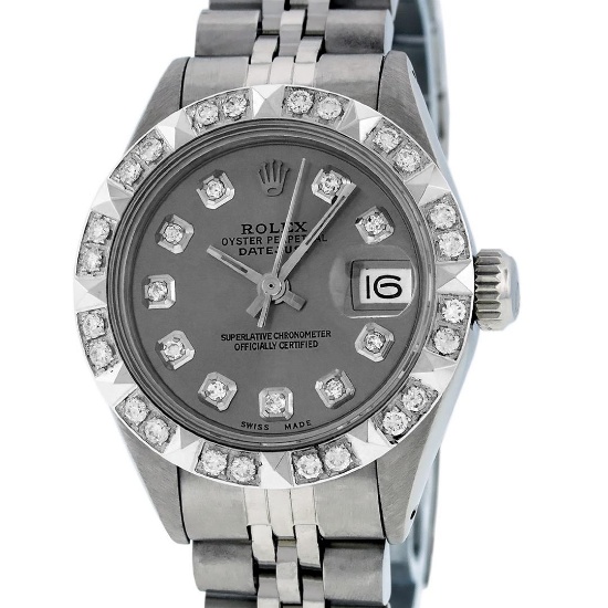 Rolex Ladies Stainless Steel Slate Grey Pyramid Diamond Datejust Wristwatch