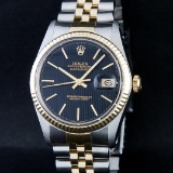 Rolex Mens 2 Tone 14K Black Tapestry Index 36MM Datejust Wristwatch
