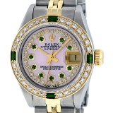 Rolex Ladies 2 Tone Yellow Gold MOP Diamond & Emerald Datejust Wristwatch