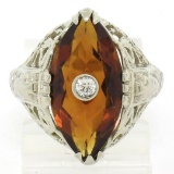 Antique Art Deco 14kt White Gold 3.06 ctw Citrine and Diamond Filigree Ring