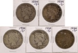 Lot of (5) 1934-S $1 Peace Silver Dollar Coins