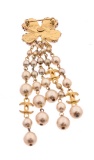Chanel Gold Clover CC Pearl Dangle Brooch Pin