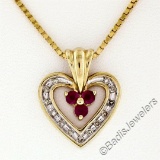 14kt Yellow Gold 0.51 ctw Round Ruby and Diamond Open Heart Pendant Necklace