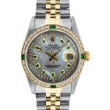 Rolex Mens 2 Tone MOP Emerald String Diamond Datejust Wristwatch
