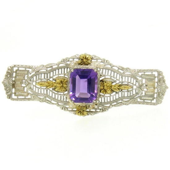 14k White & Green Gold 3.00 ctw Emerald Cut Amethyst Filigree Brooch Pin