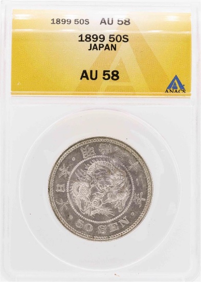 1899 Japan 50 Sen Coin ANACS AU58