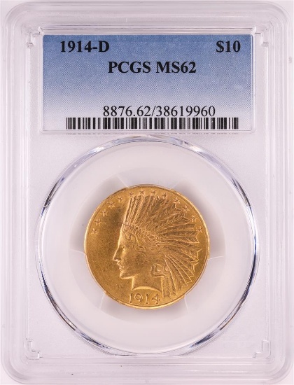 1914-D $10 Indian Head Eagle Gold Coin PCGS MS62