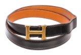 Hermes Vintage Black Brown Reversible Leather Gold Plated Skinny Belt