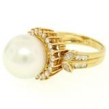 18K Yellow Gold  13.3mm South Sea Pearl Ring w/ Marquise & Round Diamonds