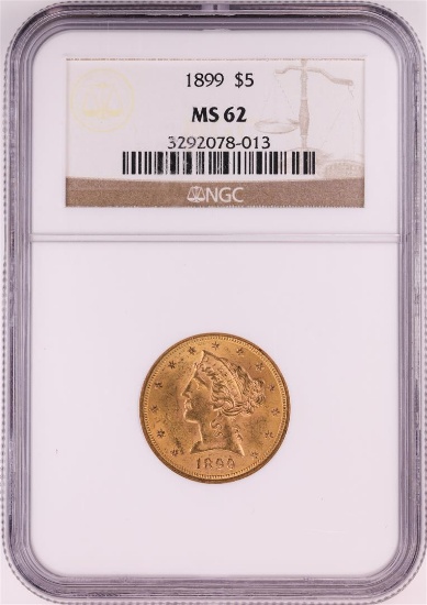 1899 $5 Liberty Head Half Eagle Gold Coin NGC MS62