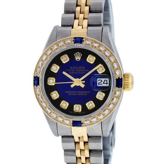 Rolex Ladies 2 Tone Blue Vignette Diamond & Sapphire Datejust Wristwatch