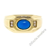 Men's 14kt Yellow Gold Oval Cabochon Turquoise Solitaire and Diamond Ring