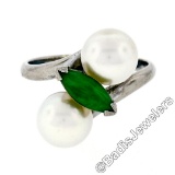 Vintage 14kt White Gold 8.35mm Round Pearl Marquise Cut Jade Bypass Ring