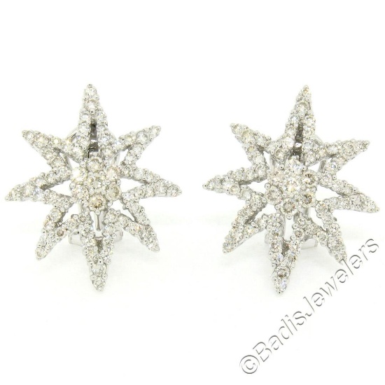 18kt White Gold 3.35 ctw Diamond Star Burst Cluster Earrings