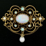 Vintage 14kt Yellow Gold 4.50 ctw Opal and Pearl Open Work Brooch Pin or Pendant