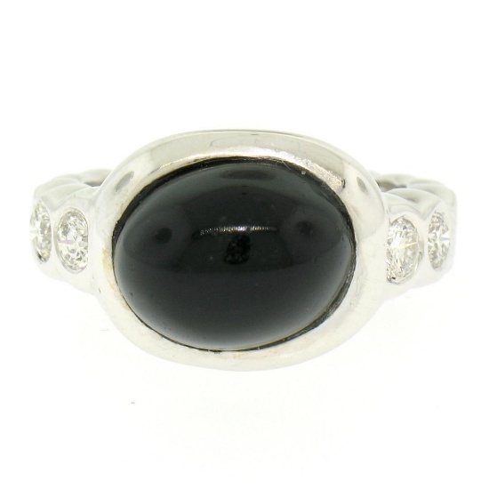 18K White Gold Oval Bezel Set Black Onyx Burnish Set Diamond Bubble Ring