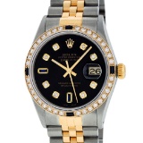 Rolex Mens 2 Tone Black Diamond & Sapphire Oyster Perpetual Datejust Wristwatch