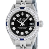 Rolex Ladies Stainless Steel Black Diamond 1 ctw Channel Sapphire Datejust Wrist