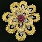 Vintage French 18K TT Gold 4.27 ctw Diamonds & Ruby Textured Flower Burst Brooch
