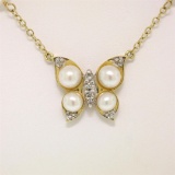 14K Yellow Gold Pearl & Diamond Butterfly Pendant Necklace w/ Pearl By the Yard