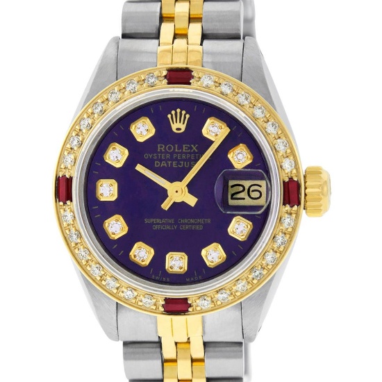 Rolex Ladies 2 Tone YG/SS Purple Diamond & Ruby Oyster Perpetaul Datejust Wristw