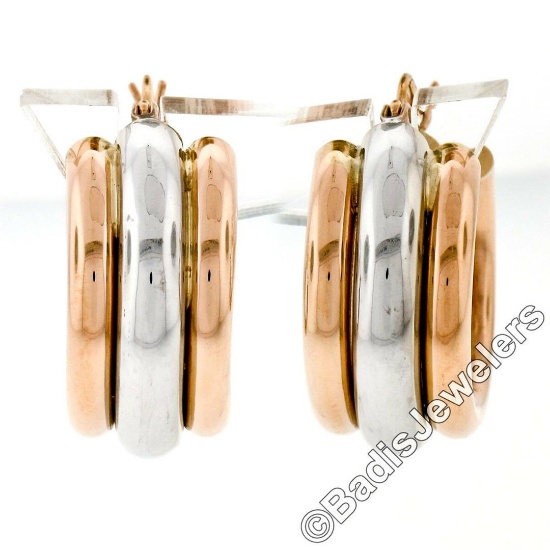 New 14kt Rose & White Gold Triple Puffed Tube Round Hoop Earrings