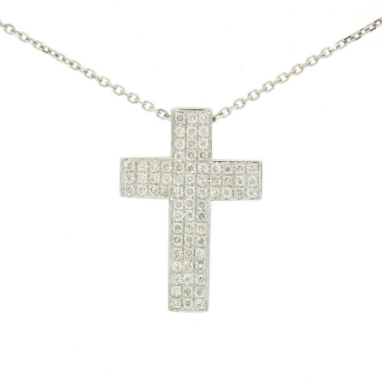 14K White Gold 0.51 ctw Micro Pave Diamond Cross Pendant w/ 18" Cable Link Chain