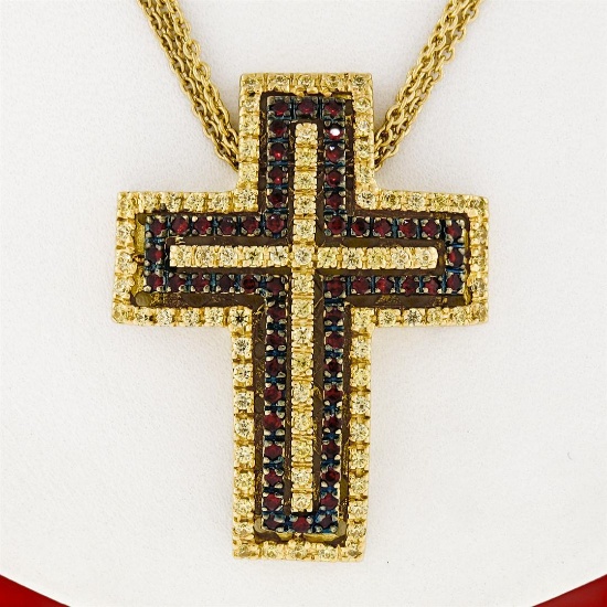 18K Gold 2.04 ctw Fine Yellow Sapphire & Garnet  Slide Cross Pendant & Chain