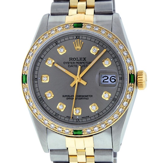 Rolex Mens 2 Tone Slate Grey & Emerald Diamond Datejust Wristwatch