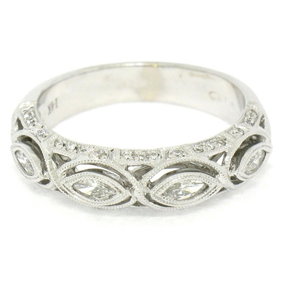Unique 14K White Gold 0.69 ctw Bezel Marquise Round Diamond Wedding Band Ring