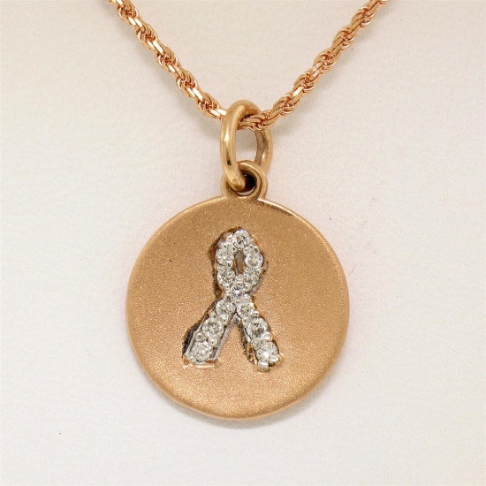14K Rose Gold 0.10 ctw Diamond Awareness Ribbon Disc Pendant w/ 16" Rope Chain