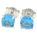 14k White Gold Cushion Cut Natural Swiss Blue Topaz Solitaire Stud Earrings