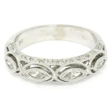 Unique 14K White Gold 0.69 ctw Bezel Marquise Round Diamond Wedding Band Ring