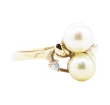0.08 ctw Diamond and 7mm Round Cultured Pearl Ring - 14KT Yellow Gold