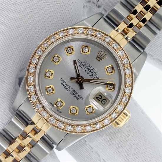 Rolex Ladies 2 Tone Silver Diamond Datejust Wristwatch With Rolex Box