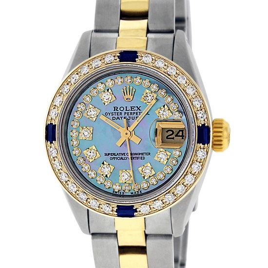Rolex Ladies 2 Tone 18K Gold Bezel Blue String Diamond & Sapphire Datejust Wrisw