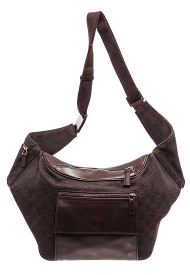 Gucci Dark Brown Beige Canvas Leather Large Waist Bag