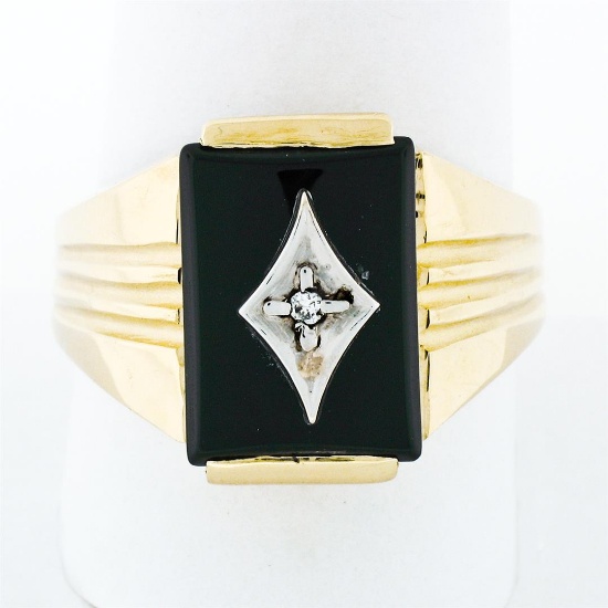 Men's Vintage 14K TT Gold Rectangular Black Onyx & Diamond Ribbed Grooved Ring