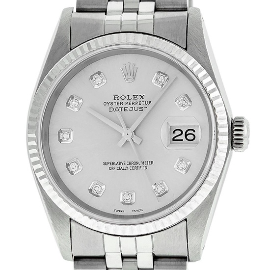 Rolex Mens Stainless Steel Silver Diamond Datejust Wristwatch