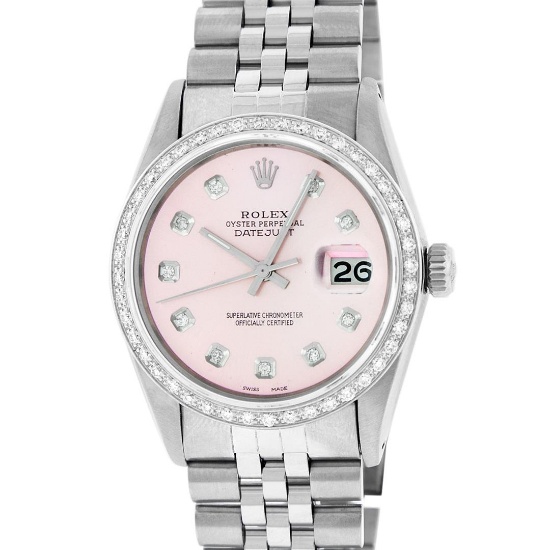Rolex Mens Stainless Steel Pink Diamond Oyster Perpetual Datejust Wristwatch