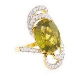 11.10 ctw Oval Mixed Green Zircon And Round Brilliant Cut Diamond Ring - 18KT Ye