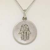 14K White Gold 0.18 ctw Diamond Hand of Fatima Hamsa Hand Disk Pendant w/16