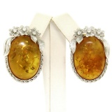 Vintage 18k White Gold Large Oval Amber Diamond Omega Earrings w/ Flower Etching