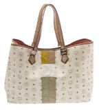 MCM White Visetos Coated Canvas Lion Shopper Tote