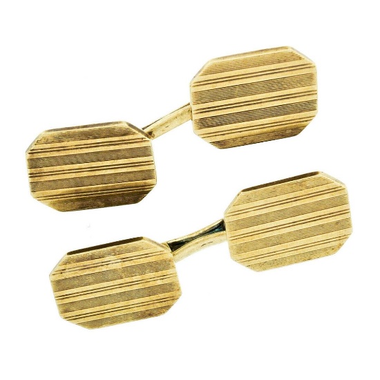 Art Deco 14kt Yellow Gold Grooved Dual Rectangular Panel Cuff Links